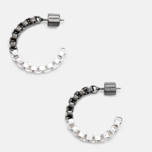AllSaints Skye Box Chain Small Hoop Earrings (WARM SILVER/BLACK) - Picture 1 of 5